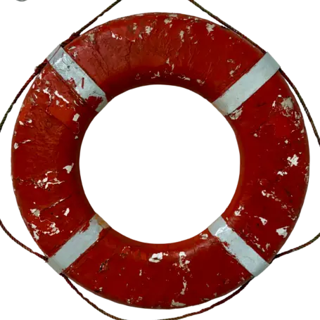 Salvaged Weathered Life Ring from a working vessel with chipped paint and original rope
