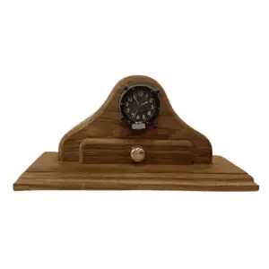 Main view of Soviet military cockpit clock mounted in wooden mantle