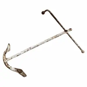 Antique iron fisherman anchor standing upright on white background