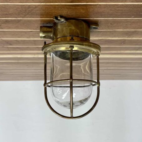 Vintage Caged Brass Nautical Ceiling Light - One Conduit (2) Vintage Caged Brass Nautical Ceiling Light - One Conduit
