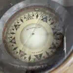 Close-up of vintage Sestrel compass card marked “Made in England”