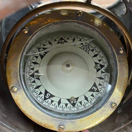 Vintage Brass Lifeboat Compass 02 vintage brass lifeboat compass close-up of compass card and markings