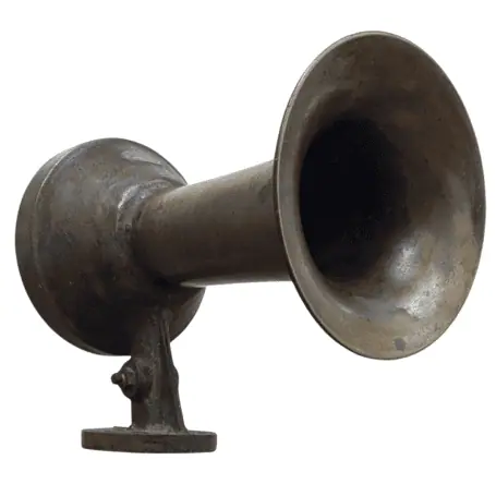 angle of a Federal Signal Air Whistle, highlighting the horn’s structure and connection to the mounting base