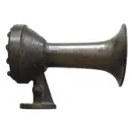 Side view of a Federal Signal Air Whistle, showing the brass horn and mounting base, likely salvaged from a ship