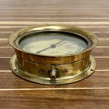 Front view of an Antique American Bourdon Gauge by American Steam Gauge & Valve MFG. Co., solid brass,