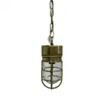 Front view of the Chain Hung Brass Engine Room Ceiling Light with clear glass globe.