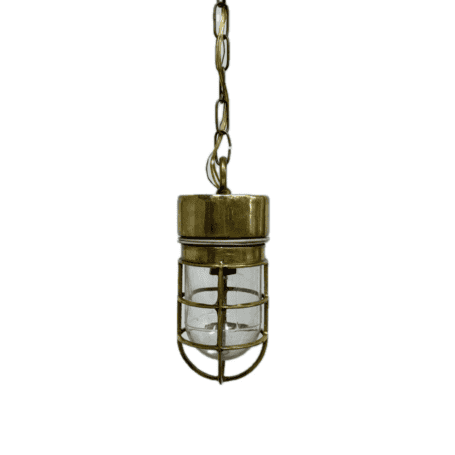 Chain Hung Brass Engine Room Ceiling Light Front view of the Chain Hung Brass Engine Room Ceiling Light with clear glass globe.