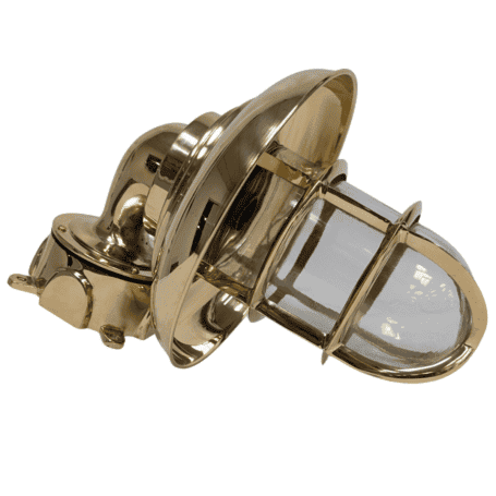 Large Brass Ship Light Side Large Brass Wall Sconce - Angled View with Brass Cover and Protective Cage