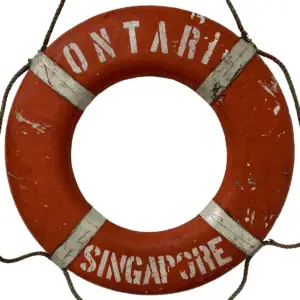 Vintage Nautical Life Ring from ONTARI Singapore Ship, front view with orange cloth cover and white lettering