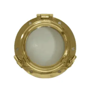Front view of the Two Dog Small Brass Ship's Porthole, highlighting the solid brass construction and closure clamps.