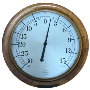 Front view of vintage brass U.S. Gauge by U.S. Gauge Company - 12-inch diameter with original patina and industrial design.