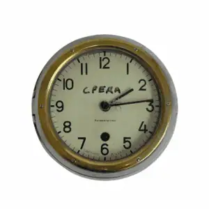 Main: Front view of 1980s Russian Submarine Clock with stainless steel case and brass accent