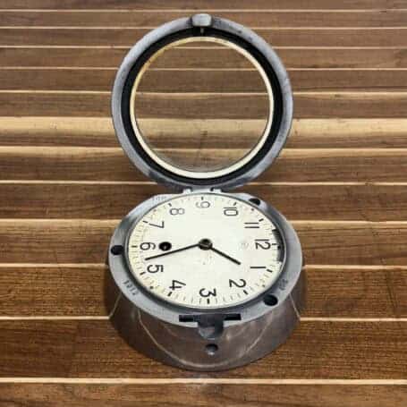 Cold War Era Russian Submarine Clock - Stainless Steel Case (1988) Open Showing Clock Face: Opened clock showing interior face and 1987 date stamp
