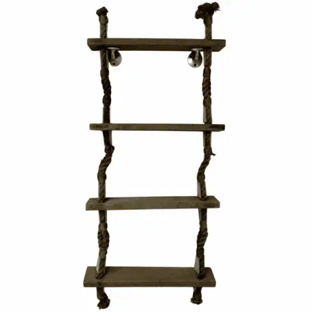 Main Image: Nautical 4-step rustic rope ladder with aged wood rungs and thick rope
