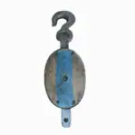 Nautical double pulley with hook and painted blue stripe on wood block