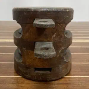 Nautical double pulley with hook and painted blue stripe on wood block