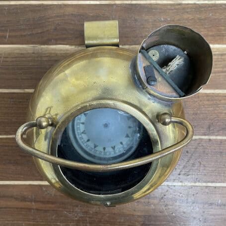 Salvaged Brass Binnacle Compass with Light Chamber and Handle 01 Top view of brass binnacle compass showing open light chamber and handle