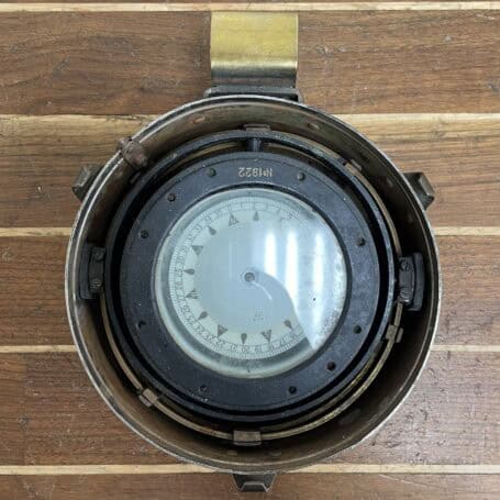 Salvaged Brass Binnacle Compass with Light Chamber and Handle 02 Interior view of brass binnacle compass with visible compass card