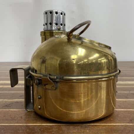 Salvaged Brass Binnacle Compass with Light Chamber and Handle 03 Side view of brass binnacle compass showing aluminum light chamber