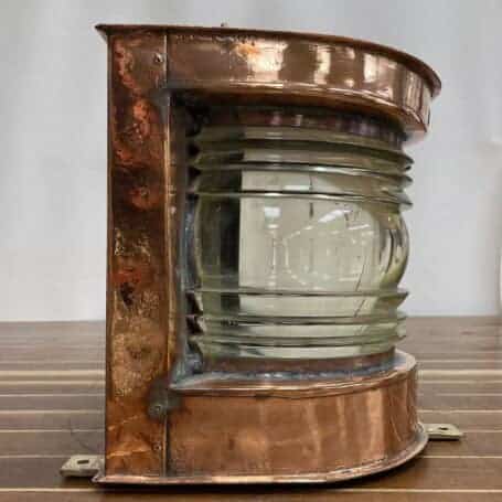 Vintage Large Copper Nautical Light - Made by C.M. Hammar 06 Side profile of large copper nautical light showing lens curve and patina