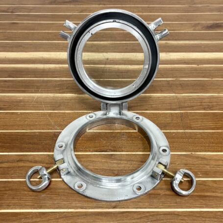 10.25 Aluminum Ship Porthole (3) Open view displaying the hinged design and 2-dog closure