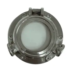 Main photo - front view of a 10.25" aluminum ship porthole with 2-dog closure