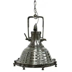 Side profile of an aluminum beehive pendant light, showing its layered design and brass hardware.