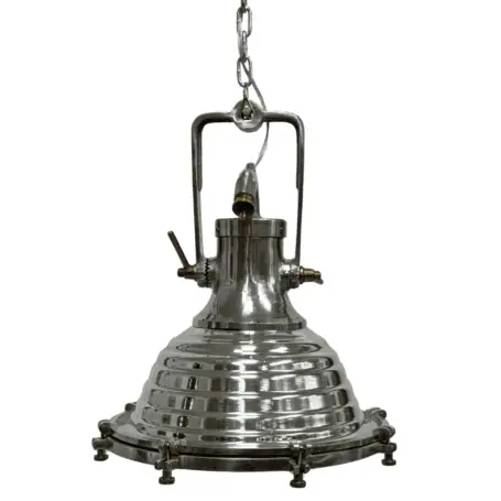 Side profile of an aluminum beehive pendant light, showing its layered design and brass hardware.