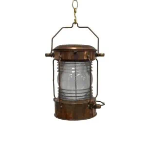 Copper lantern set – hanging view with clear Fresnel lens and brass hardware
