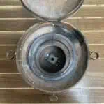 Copper lantern set – open top showing interior lens and burner mount