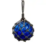 Blue sea glass float, 9.5-inch with rope net, nautical decor
