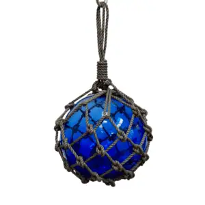 Blue sea glass float, 9.5-inch with rope net, nautical decor