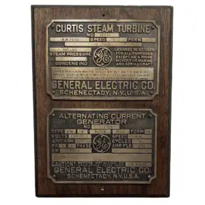 Close-up of the General Electric brass plates featuring Curtis Steam Turbine and manufacturer details