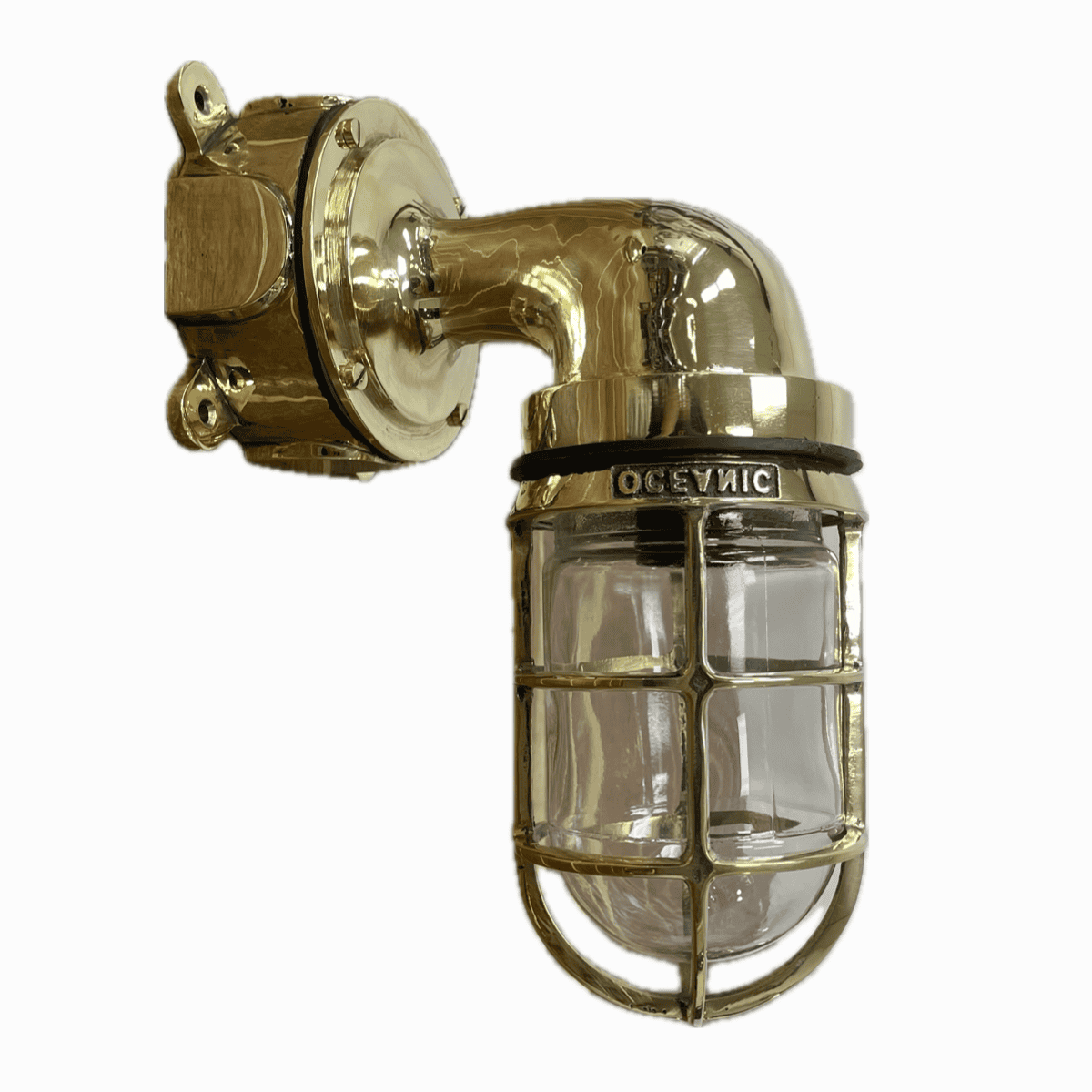 Nautical Wall Sconce - Brass (No Cover) Brass nautical wall sconce with clear glass and “OCEANIC” stamped cage