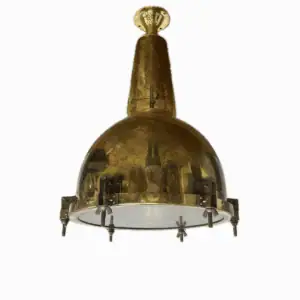 Brass pendant light with patina — angled side view showing full shape