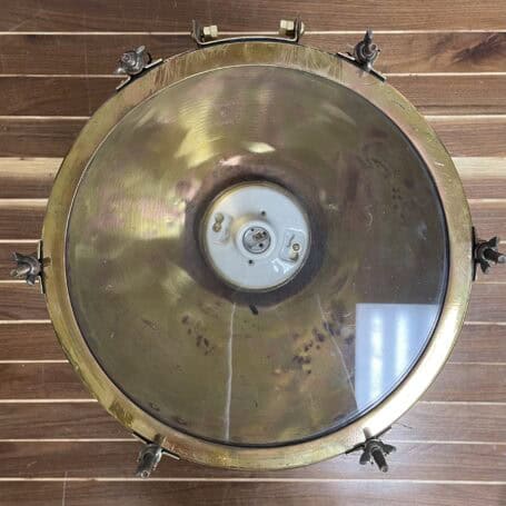 Salvaged Brass Pendant Light with Patina - Industrial Ceiling Fixture Brass pendant light with patina — view of glass lens and ceramic socket