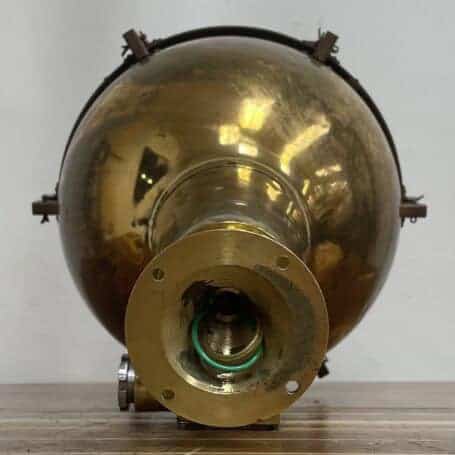 Salvaged Brass Pendant Light with Patina - Industrial Ceiling Fixture Bottom view of pendant showing internal wiring and mounting holes