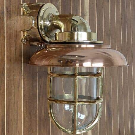 Large Nautical Brass Wall Sconce with Copper Cover 02 Large Nautical Brass Wall Sconce with Copper Cover Mounted on Wall