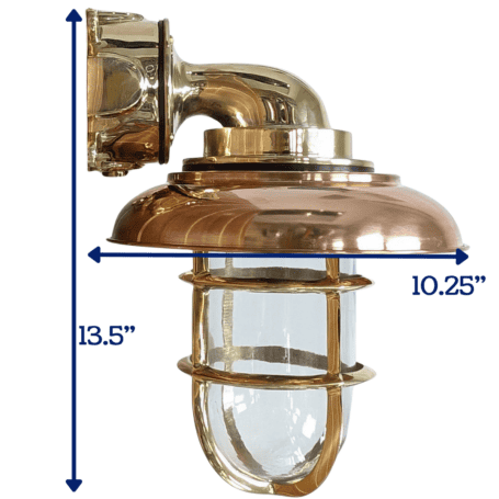 Large Nautical Brass Wall Sconce with Copper Cover and Dimensions Large Nautical Brass Wall Sconce with Copper Cover and Dimensions Showing 13.5 Inch Height and 10.25 Inch Depth