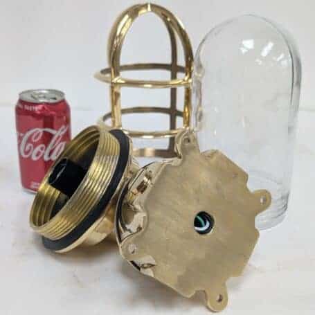 Large Nautical Brass Wall Sconce without Cover 01 Large Nautical Brass Wall Sconce Without Cover - Unassembled with Clear Glass Globe and Brass Cage