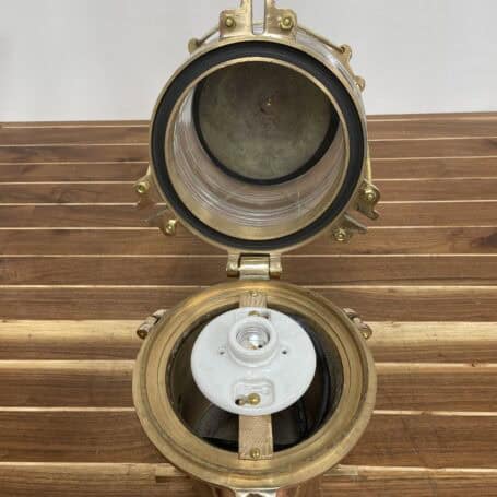Large Vintage Brass USGC Buoy Light (6) showing the inside of the Large Vintage Brass USGC Buoy Lighting
