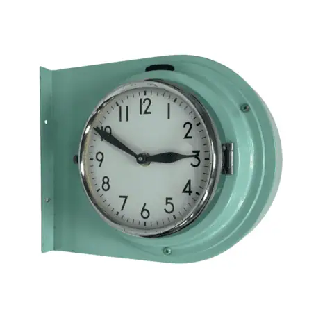 Main/front view: Salvaged Double-Sided Ship Clock with seafoam green finish and dual white dials