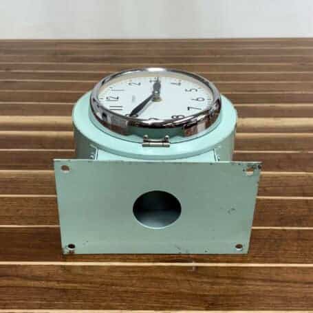 Salvaged Seafoam Double-Sided Ship Clock - Made by Citizen (3) Bottom view showing the clock’s mounting hardware for secure wall installation.