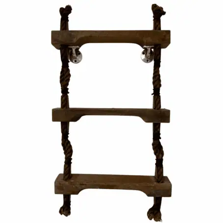 Main image: 3 Step Rope Ladder with reclaimed wood steps and red-painted ends, hanging against a white wall