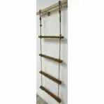 Side angle: Side view of 4-step rope ladder with metal hooks and wood steps