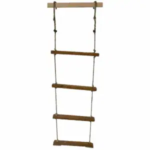 Main: 4-step rope ladder with metal hooks hanging against white wall