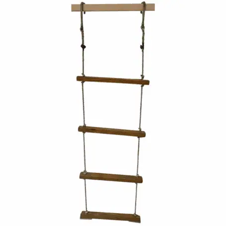 Main: 4-step rope ladder with metal hooks hanging against white wall