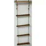 Back view: Back of 4-step rope ladder with metal hooks and aged rope