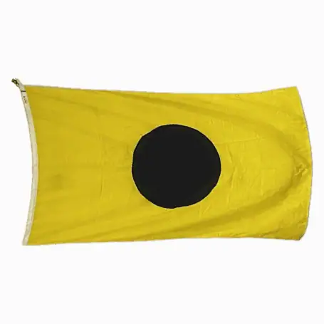 Horizontal view of letter I signal flag laid flat, showing full shape and grommet