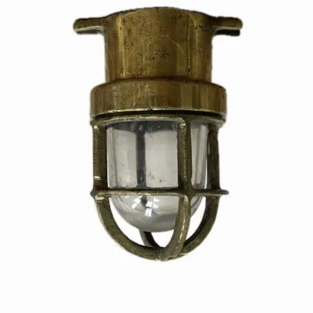 Mini brass ceiling light mounted upside-down in ceiling position